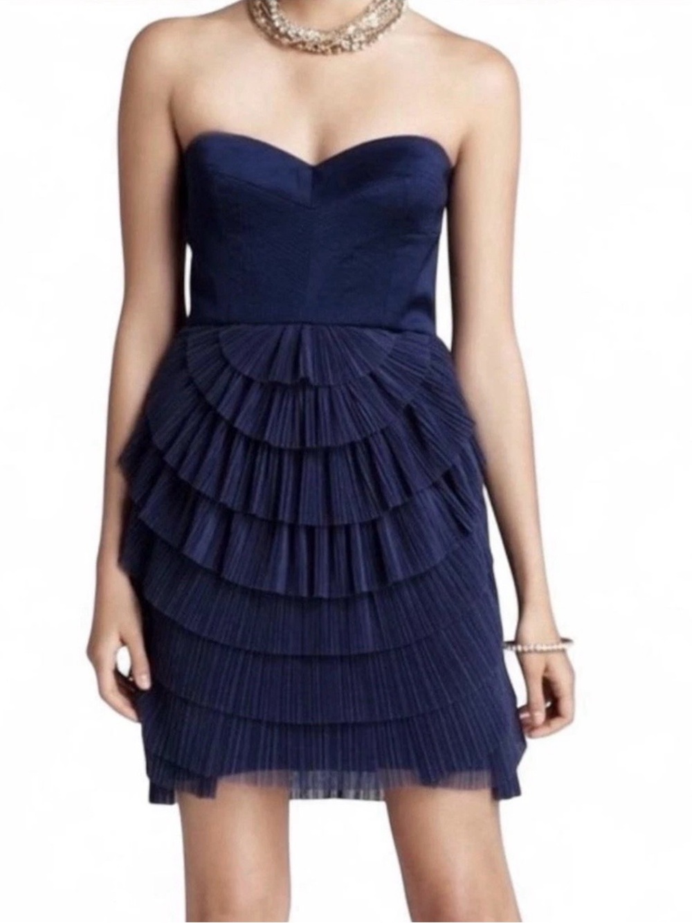 BCBG Maxazria Strapless Navy Tiered Ruffle Cocktail Dress